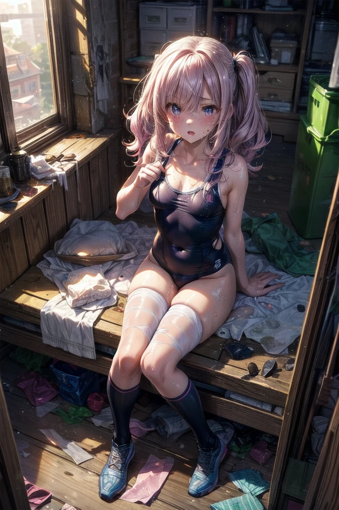 (masterpiece:1.3, Highest quality, Ultra-high resolution, Very detailed), (Realistic, photoRealistic:1.4), Beautiful illustrations, Perfect lighting, Natural light, Written boundary depth, , Beautiful detailed hair, Beautifully detailed face, Beautiful attention to detail, Beautiful clavicle, Beautiful body, Beautiful breasts, Beautiful thighs, Beautiful legs, Beautiful Hands, View your audience, (Face Focus), 1 girl, high school girl, The whole body is covered in oilで光沢感がある Tissue paper cut into small pieces, A small crumpled roll of tissue paper, A small piece of tissue paper that had fallen to the ground, torn apart and crumpled, Excessive sweating on the face,Sweat dripping down,Sitting on an old bed, Duvet with a light yellow stain Old gym mat ,Gymnasium Warehouse, There are lots of small rolled up tissue papers on the floor. , Crumpled garbage is scattered everywhere., Very old gym mat, Messy room, Dimly lit room Hardwood Floors Scattered small rolled tissue papers Upper body sailor suit, Lower body swimsuit Inner swimwear Illustration Style Anime Style Small lips Face of Shame Embarrassing beautiful girl Very cute clothes Cheeks pink Light purple hair Blonde long hair super curly hair Super long sideburns Rubber clothing hair band Pearl white silk tights that become transparent when wet White super long boots Big eyes Hanging eyes Angry Blushing Shocking Pink Rouge Sweating profusely A small roll of tissue paper The whole body is wet from rain Mucus clings to the whole body Steam coming out of the whole body Steam rises across the screen. White Breath Haa The whole body is covered in oil evening Overall orange background Sunset sunshine