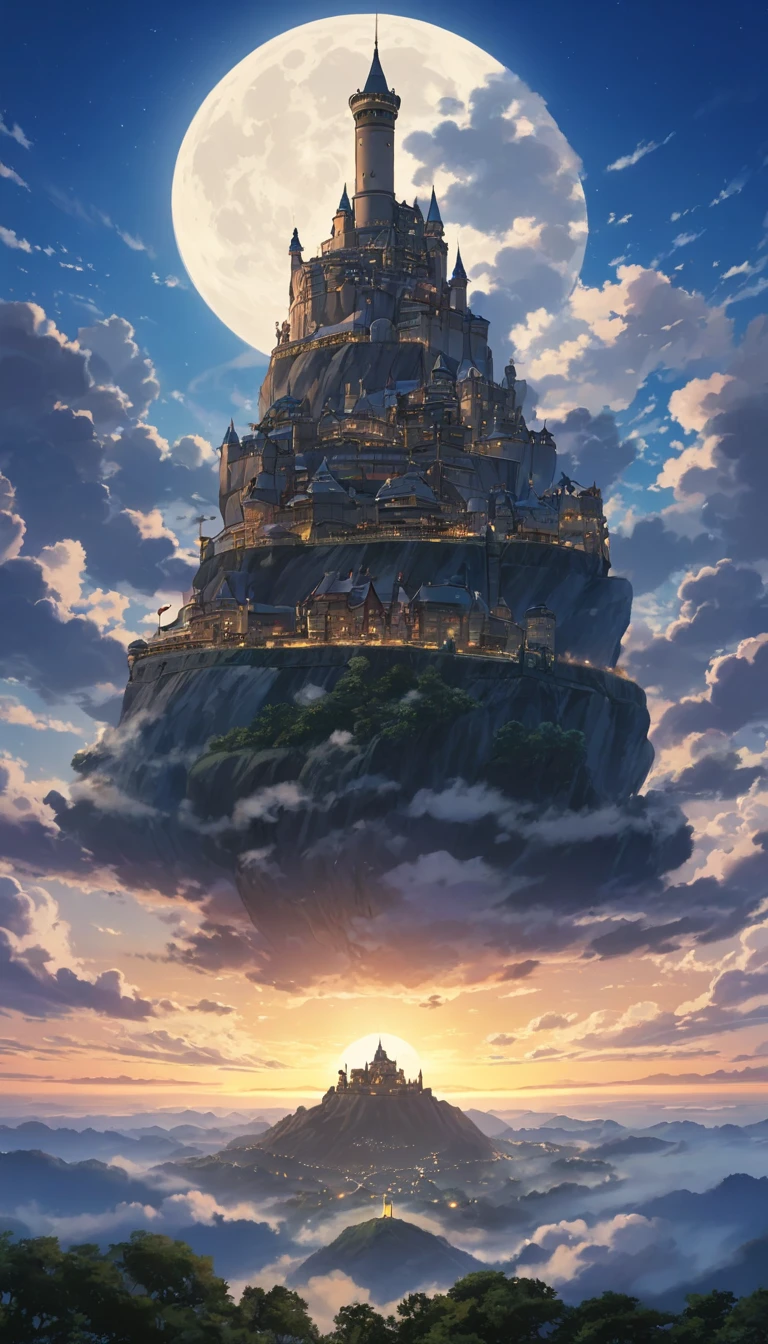 (Precise and detailed 4K filming. Digital Blu-ray style filming: 1.5) A realistic depiction of Ghibli's Laputa: Castle in the Sky, with dusk in the background, clouds flowing and the moon rising.