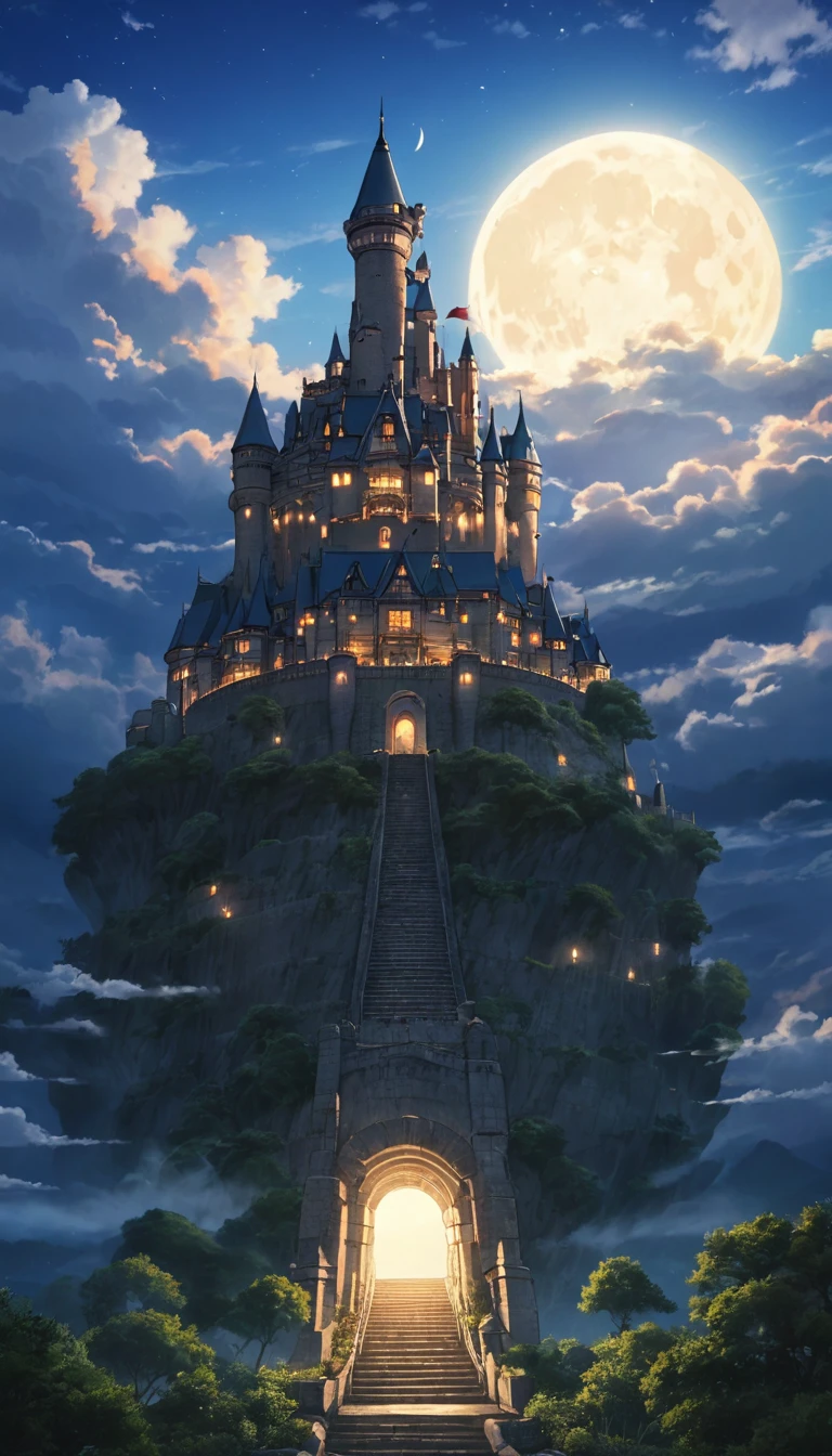 (Precise and detailed 4K filming. Digital Blu-ray style filming: 1.5) A realistic depiction of Ghibli's Laputa: Castle in the Sky, with dusk in the background, clouds flowing and the moon rising.