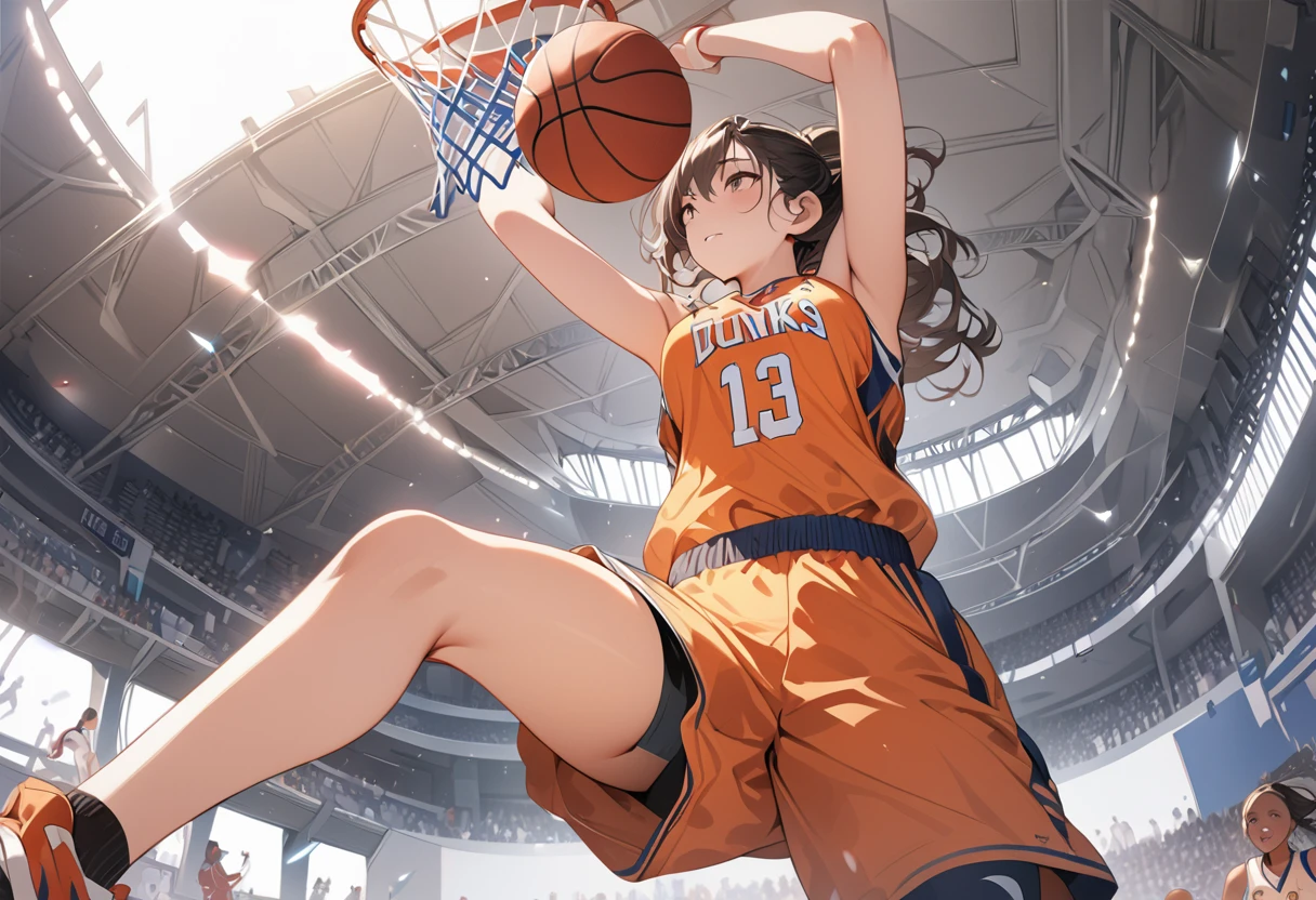 ((Masterpiece, top quality, high resolution)), ((highly detailed CG unified 8K wallpaper)), Women's basketball player, making a powerful dunk shot, seen from below, dynamic sports photo, 