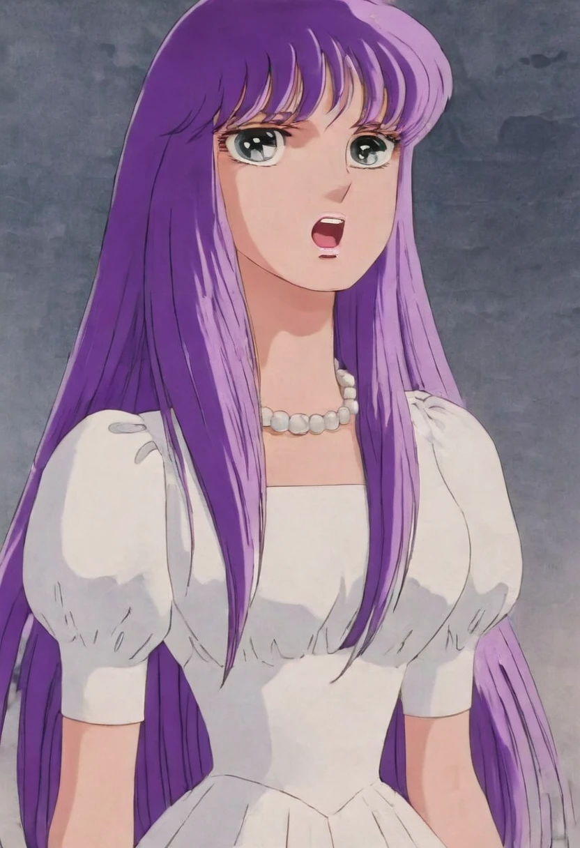 (knock-dawn),(square neck dress),( side view:1.6),(frown:1.2),(full plain white dress),(random pause),(screaming:1.4),
((best quality)), ((highly detailed)), masterpiece,purple hair, long hair, blue eyes,dress, jewelry, purple hair, short sleeves, puffy sleeves, necklace, white dress, pearl necklace,best quality, masterpiece