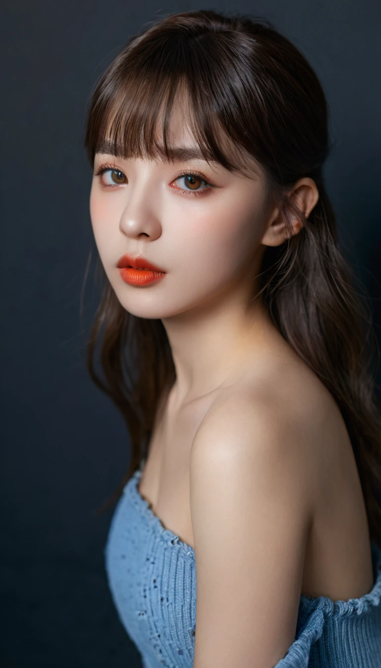 8K, best quality, 1 Girl, (Skin Indentation), night, (dark), Indoor clear background, (people), Beautiful bangs, Gorgeous,, (Clothing and:1.3),Soft lighting, attractive, dark Room, (mouth close:1.2, beautiful eyes, Delicate eyes, Detailed iris, Beautiful lips, Beautiful nose, Pretty Face),(primary color:1.5)