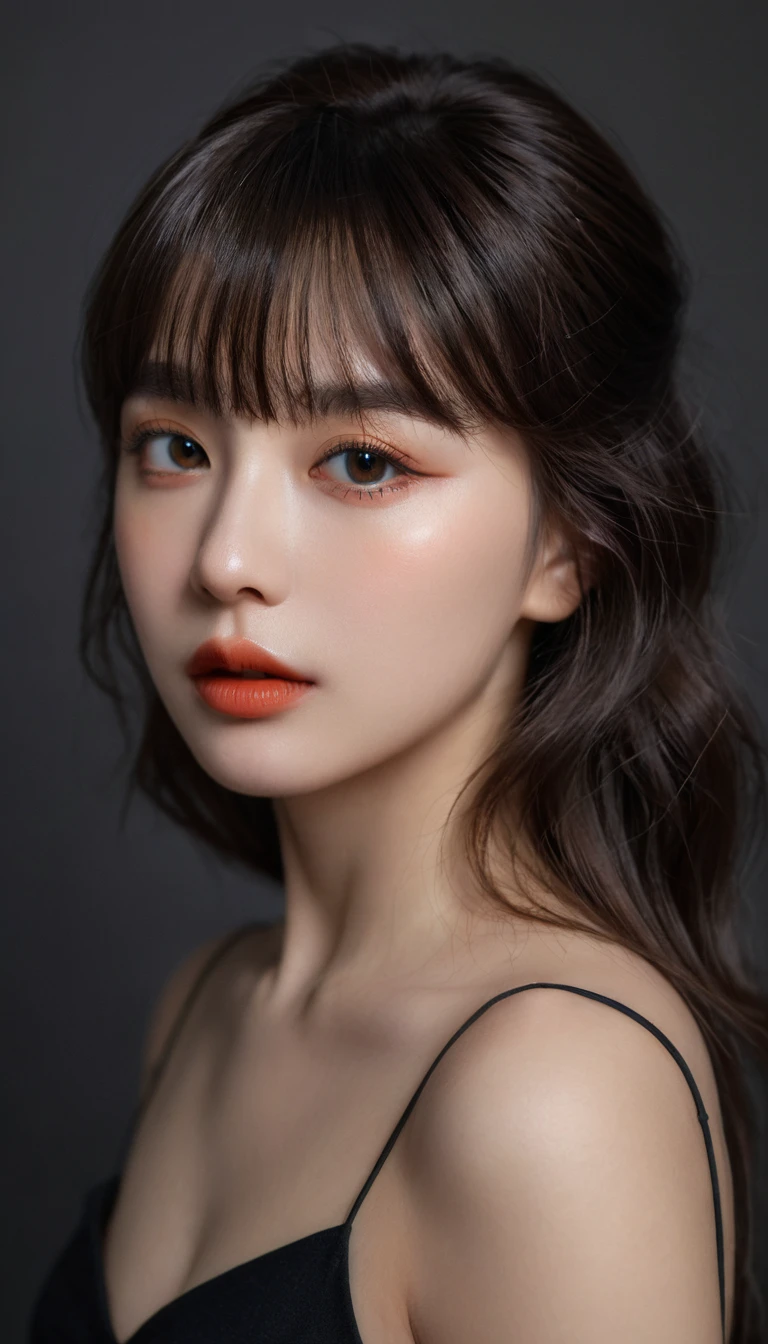 8K, best quality, 1 Girl, (Skin Indentation), night, (dark), Indoor clear background, (people), Beautiful bangs, Gorgeous,, (Clothing and:1.3),Soft lighting, attractive, dark Room, (mouth close:1.2, beautiful eyes, Delicate eyes, Detailed iris, Beautiful lips, Beautiful nose, Pretty Face),(primary color:1.5)