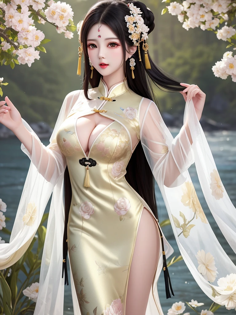 Top quality, masterpiece, high resolution, Chinese,，，，，，，On the banks of the river,，，，，，,,On the banks of the river,,,，，，，，,,,,naked,，stand erect，，，，，2girl,，，，，,2girl, charming appearance and personality, big body, extremely sexy, ，，，，Floral print ，， ，Floral print，， Light yellow floral fragments，，(transparent ), large hollow see-through, beautiful and delicate face, (desire figure) perfect slim figure (nipple slip: 0.5), perfect white skin，stand erect，，Smooth black long hair，，，，Black Hair