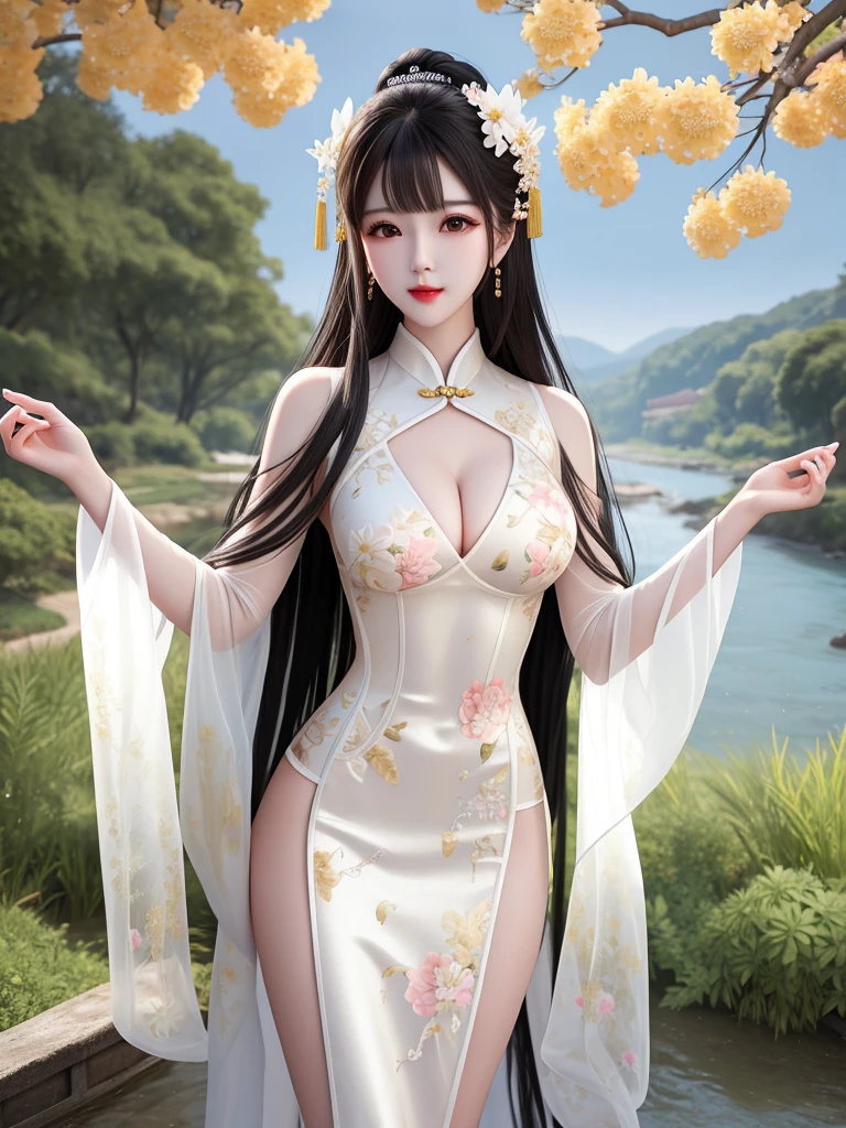 Top quality, masterpiece, high resolution, Chinese,，，，，，，On the banks of the river,，，，，，,,On the banks of the river,,,，，，，，,,,,naked,，stand erect，，，，，2girl,，，，，,2girl, charming appearance and personality, big body, extremely sexy, ，，，，Floral print ，， ，Floral print，， Light yellow floral fragments，，(transparent ), large hollow see-through, beautiful and delicate face, (desire figure) perfect slim figure (nipple slip: 0.5), perfect white skin，stand erect，，Smooth black long hair，，，，Black Hair