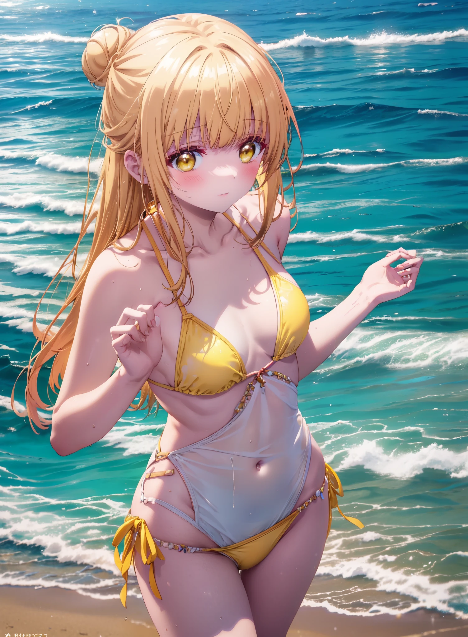 mahirushiina, Mahiru Shiina, Long Hair, bangs, Blonde, Brown Hair, (Yellow Eyes:1.3), smile,blush,Hair Bun, double Hair Bun,Yellow bikini swimsuit,barefoot,Water Play,Ocean,Sandy Beach,whole bodyがイラストに入るように,Wet Hair,Wet Skin,Wet swimsuit,
break outdoors, Beach,
break looking at viewer, whole body,(Cowboy Shot:1. 5)
break (masterpiece:1.2), Highest quality, High resolution, unity 8k wallpaper, (figure:0.8), (Beautiful attention to detail:1.6), Highly detailed face, Perfect lighting, Highly detailed CG, (Perfect hands, Perfect Anatomy),