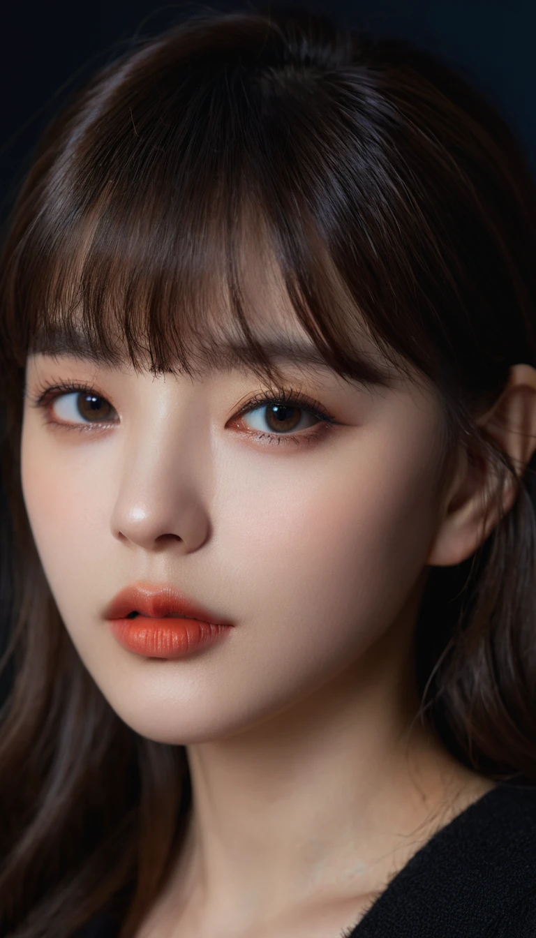 8K, best quality, 1 Girl, (Skin Indentation), night, (dark), Indoor clear background, (people), Beautiful bangs, Gorgeous,, (Clothing and:1.3),Soft lighting, attractive, dark Room, (mouth close:1.2, beautiful eyes, Delicate eyes, Detailed iris, Beautiful lips, Beautiful nose, Pretty Face),(primary color:1.5)