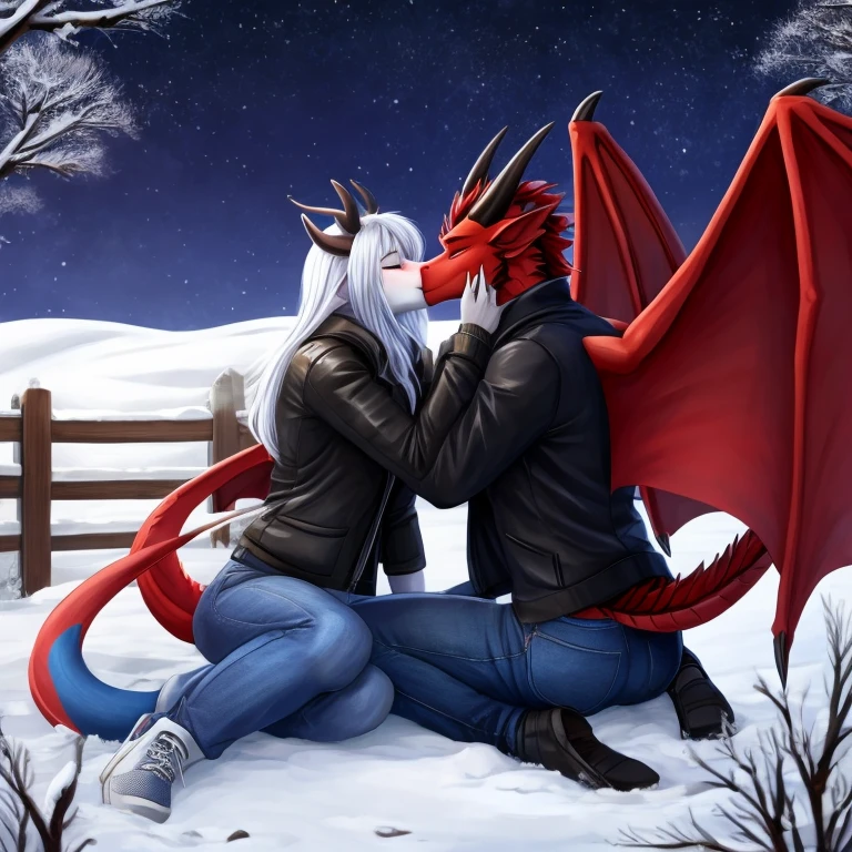 Masterpiece, best quality, One girl anthro Blue dragon, One anthro boy Red dragon, has wings, Black claws and horns, perfect anatomy, One dragon tail, wears black jacket with farmer jeans, closed eyes, kissing with each other, Alone in the park, blushed faces, in the park, sitting on a fence, Winter, snow on the ground, Night, stars on the sky