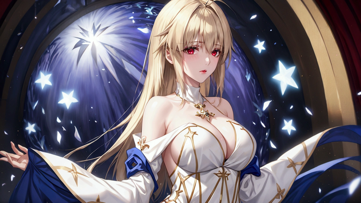 A beautiful girl with long blonde hair, red eyes, and a voluptuous figure wearing a revealing dress with detached sleeves, cleavage, and bare shoulders, masterpiece, 1girl, arcueid brunestud, solo, breasts, long hair, blonde hair, red eyes, cleavage, large breasts, dress, bare shoulders, detached sleeves, very long hair, arcueid, (best quality,4k,8k,highres,masterpiece:1.2),ultra-detailed,(realistic,photorealistic,photo-realistic:1.37),cinematic lighting,dramatic lighting,chiaroscuro,ethereal,photographic,atmospheric,highly detailed facial features,intricate details