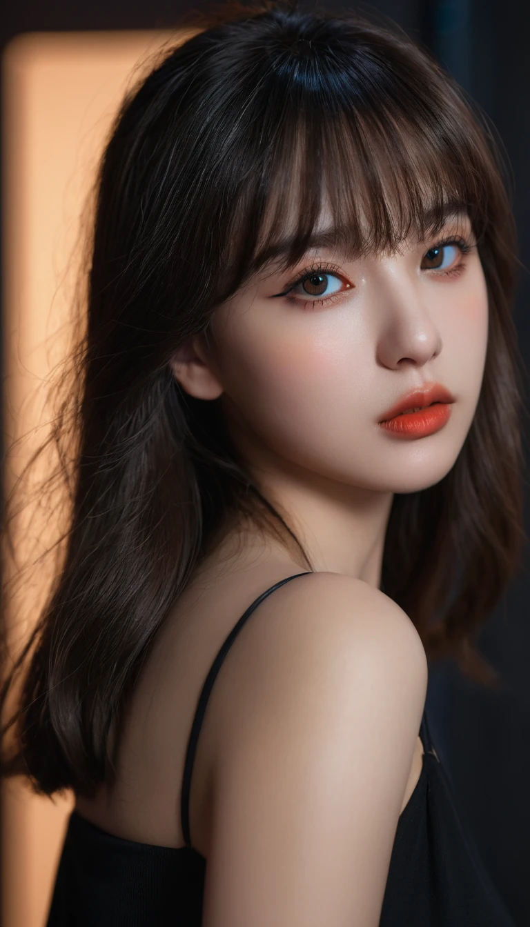 8K, best quality, 1 Girl, (Skin Indentation), night, (dark), Indoor clear background, (people), Beautiful bangs, Gorgeous,, (Clothing and:1.3),Soft lighting, attractive, dark Room, (mouth close:1.2, beautiful eyes, Delicate eyes, Detailed iris, Beautiful lips, Beautiful nose, Pretty Face),(primary color:1.5)
