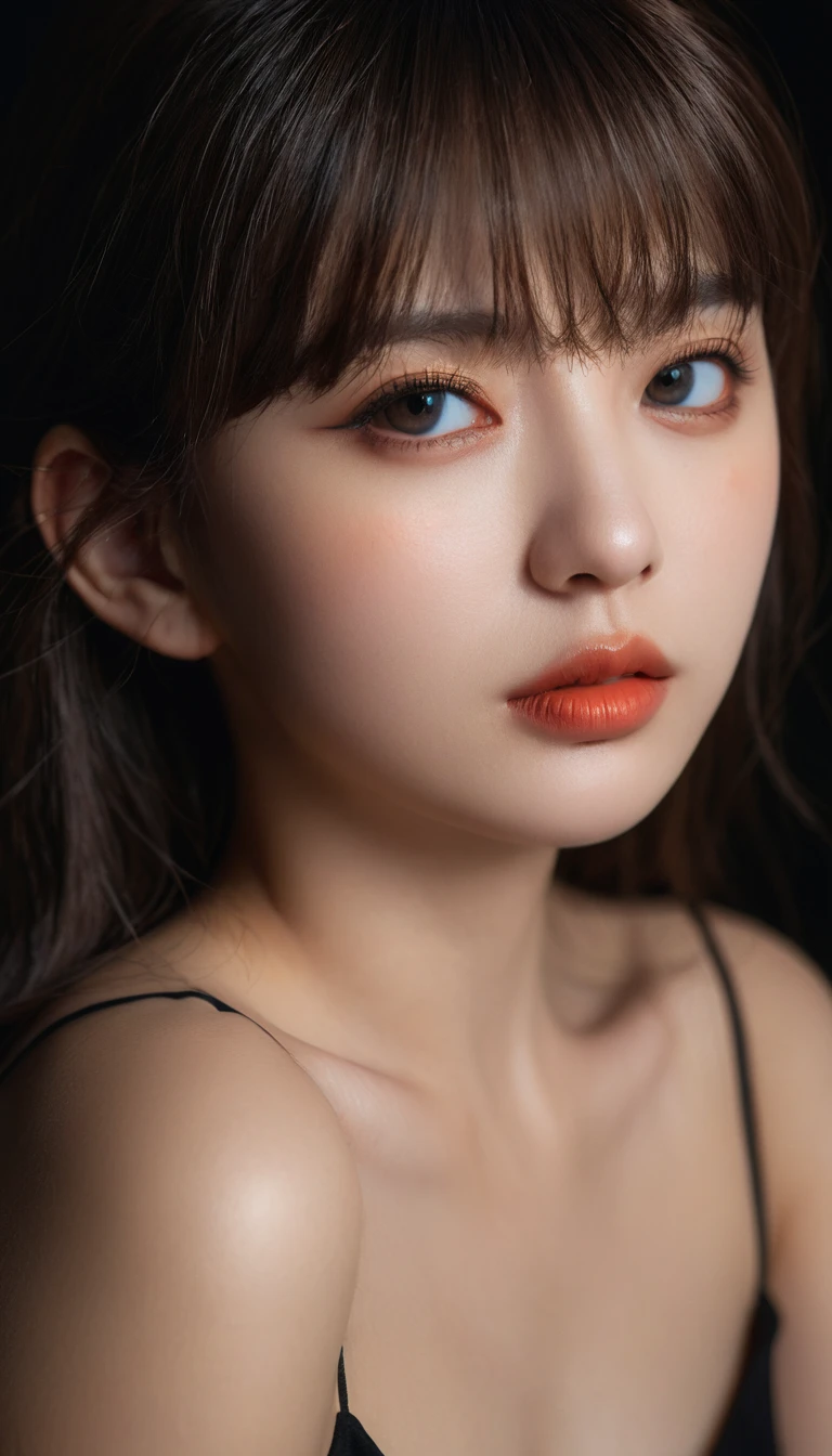 8K, best quality, 1 Girl, (Skin Indentation), night, (dark), Indoor clear background, (people), Beautiful bangs, Gorgeous,, (Clothing and:1.3),Soft lighting, attractive, dark Room, (mouth close:1.2, beautiful eyes, Delicate eyes, Detailed iris, Beautiful lips, Beautiful nose, Pretty Face),(primary color:1.5)