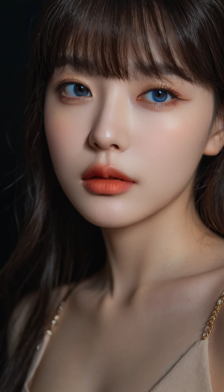 8K, best quality, 1 Girl, (Skin Indentation), night, (dark), Indoor clear background, (people), Beautiful bangs, Gorgeous,, (Clothing and:1.3),Soft lighting, attractive, dark Room, (mouth close:1.2, beautiful eyes, Delicate eyes, Detailed iris, Beautiful lips, Beautiful nose, Pretty Face),(primary color:1.5)
