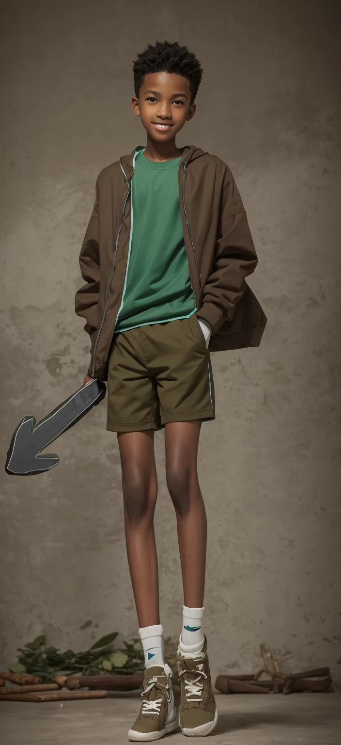 14 year old boy，Light brown skin，Blue sports shorts，Bright neon green top，High-top board shoes，Big round eyes，Very short hair，Tall and skinny，full-body shot，A junior high school student holding a weapon，Toothy Smile，best quality