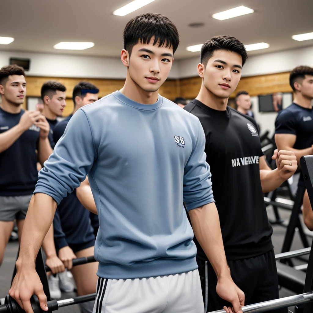 masterpiece, best quality, high resolution, Practical, Handsome, Photogenic, Shank, SFW, A photo of a 35-year-old gym fraternity (man:1.2) portrait, Standing in the gym , Do military news, weight, amazing , Short flat head,Stubble , (muscular),Looking at the audience, Flirting with the camera, charming, (Tight-fitting white sweatshirt ),(GS-positive:1), 8K Ultra HD