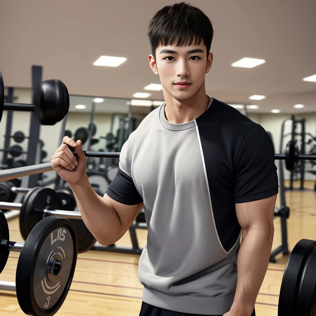 masterpiece, best quality, high resolution, Practical, Handsome, Photogenic, Shank, SFW, A photo of a 35-year-old gym fraternity (man:1.2) portrait, Standing in the gym , Do military news, weight, amazing , Short flat head,Stubble , (muscular),Looking at the audience, Flirting with the camera, charming, (Tight-fitting white sweatshirt ),(GS-positive:1), 8K Ultra HD
