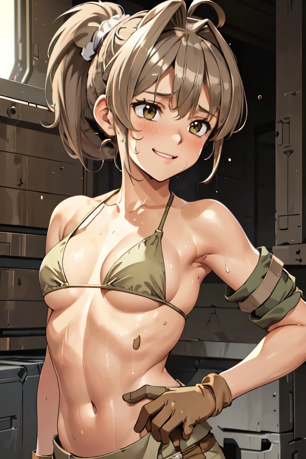 best quality, masterpiece, 1 mechanic girl, smiling, (wearing bikini-top, khaki cargo pants:1.4), gloves, (light brown ponytail hair with bangs:1.3), (sweating a lot:1.4), (contrapposto:1.3), (small breast, cleavage, underboob:1.2)