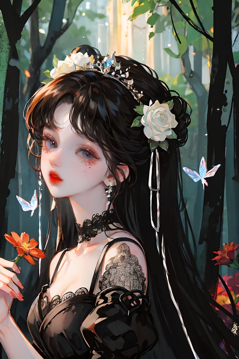 Elegant beautiful girl, black dress, fantasy forest background, butterflies, colorful flowers, lifelike, highly detailed, masterpiece, high quality 