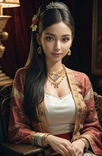 (realistic:1.3), insane detailed, quality, (masterpiece:1.2), (photorealistic:1.2), (best quality), (detailed skin:1.3), (intricate details), ray tracing, ((full body)), ((1woman)), (((1 person))), 30 years old, long hair, smile, , Red dress, skirt with pattern, color contrast between the dress and the skirt, skirt pattern, earrings, necklace, Javanese ornament, (blurred background), eyes on camera,