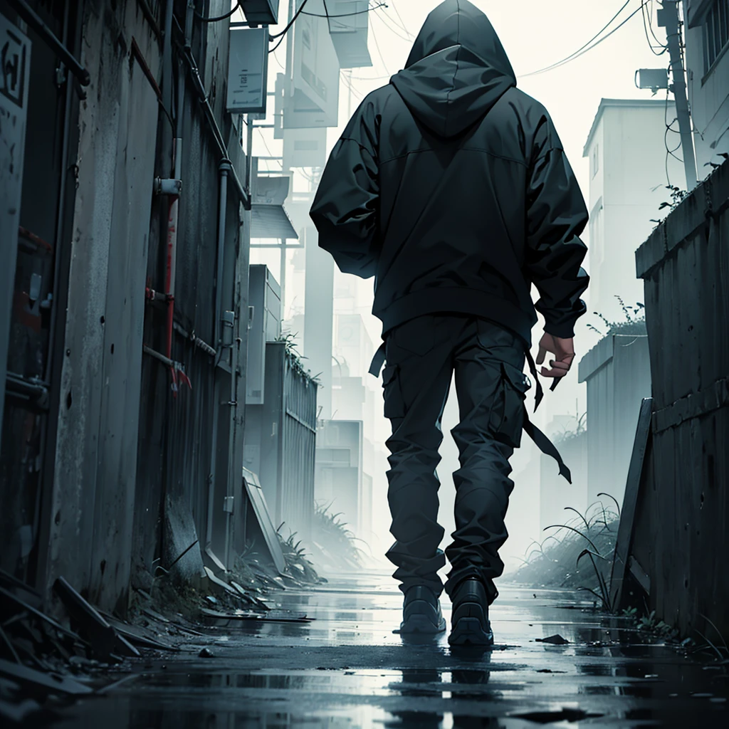 A deep dark picture in which a man in walking towards tha dark facing its back, wearing a dark hoodie covered with environment and pain,