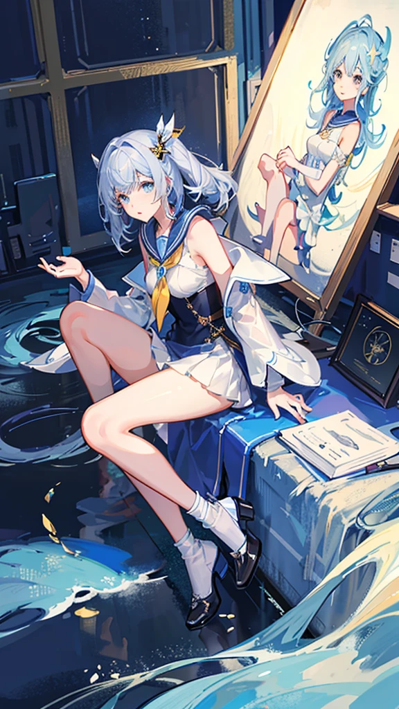 Museum、The background is an art exhibition hall、There are many sculptures and paintings、The girl is looking at a painting、Crystal clear light blue hair、Her hair is gradated and white from the hairline to the middle.、Hair length is up to the knees、A shiny, light blue sailor suit、The hair ornament is glittering gold.、Silver hair ornament、She has big breasts、Adult face、