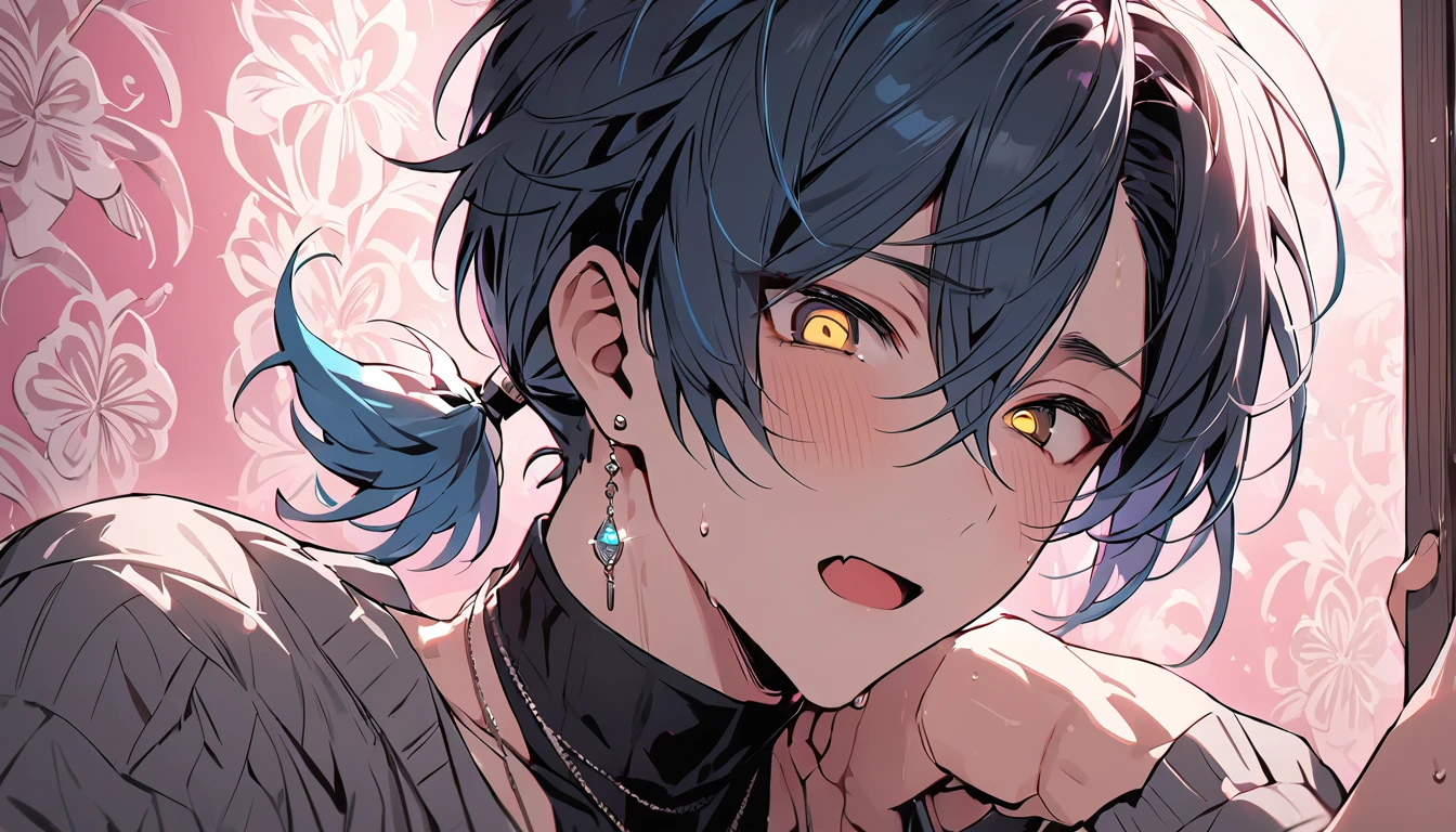 ((((best masterpiece, best quality, wallpaper,)))) solo, guy, male body, small muscles, flat chest, 1male, 30 years old, handsome man, dramatic angle, upper body, looking at viewers, beautiful detailed, mediumturquoise hair, ((((Lower short ponytail)))), asymmetrical bangs, ((short hair,)) blush stickers, sweat, (((perfect face, extremely detailed eyes,))) ((( jitome, gold eyes, ^o^, tareme, droopy eyes,))) perfect hands, sharp nose, clear face, black turtleneck, grey cardigan, ((silver piercing, pendant,)) leggings, pink background color ultrasharp, 8K, masterpiece,