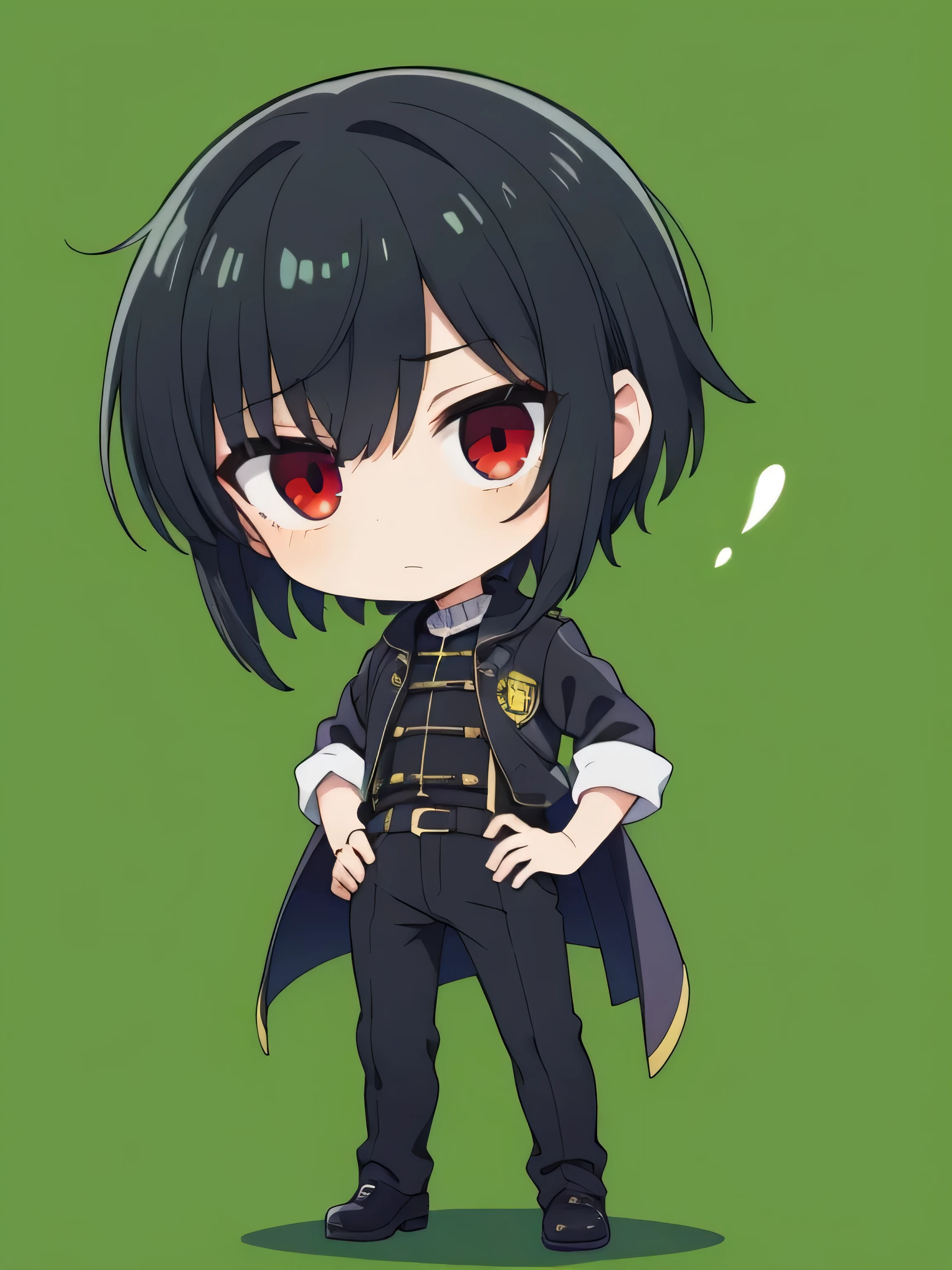 1boy,black hair,red eye,scary face,chibi,standing,put hands on body,full body,green background,close eye