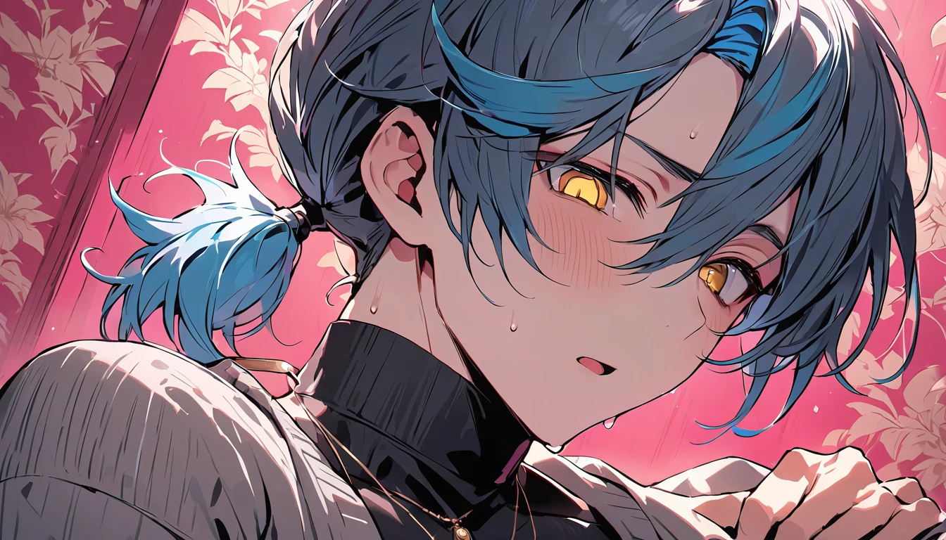 ((((best masterpiece, best quality, wallpaper,)))) solo, guy, male body, small muscles, flat chest, 1male, 30 years old, handsome man, dramatic angle, upper body, looking at viewers, beautiful detailed, mediumturquoise hair, ((((Lower short ponytail)))), asymmetrical bangs, ((short hair,)) blush stickers, sweat, (((perfect face, extremely detailed eyes,))) ((( jitome, gold eyes, ^o^, tareme, droopy eyes,))) perfect hands, sharp nose, clear face, black turtleneck, grey cardigan, ((silver piercing, pendant,)) leggings, pink background color ultrasharp, 8K, masterpiece,