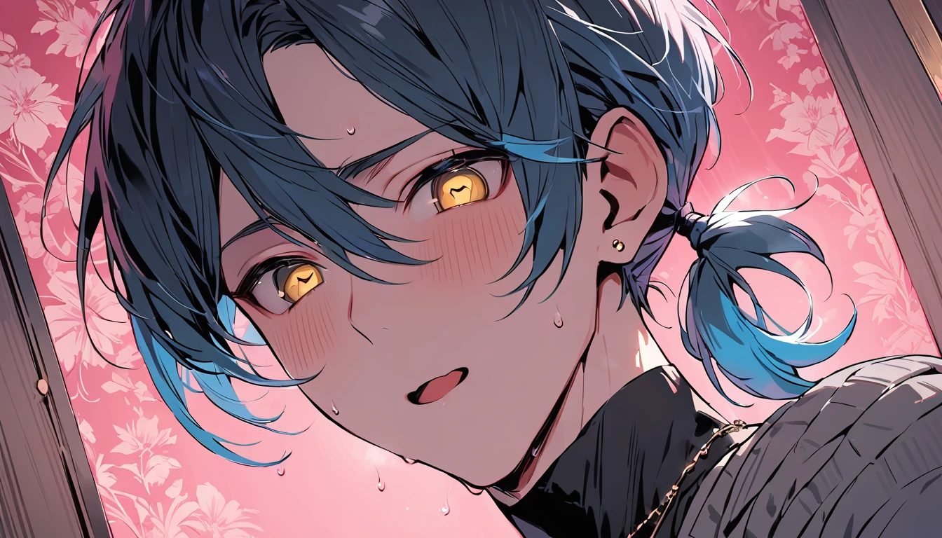 ((((best masterpiece, best quality, wallpaper,)))) solo, guy, male body, small muscles, flat chest, 1male, 30 years old, handsome man, dramatic angle, upper body, looking at viewers, beautiful detailed, mediumturquoise hair, ((((Lower short ponytail)))), asymmetrical bangs, ((short hair,)) blush stickers, sweat, (((perfect face, extremely detailed eyes,))) ((( jitome, gold eyes, ^o^, tareme, droopy eyes,))) perfect hands, sharp nose, clear face, black turtleneck, grey cardigan, ((silver piercing, pendant,)) leggings, pink background color ultrasharp, 8K, masterpiece,