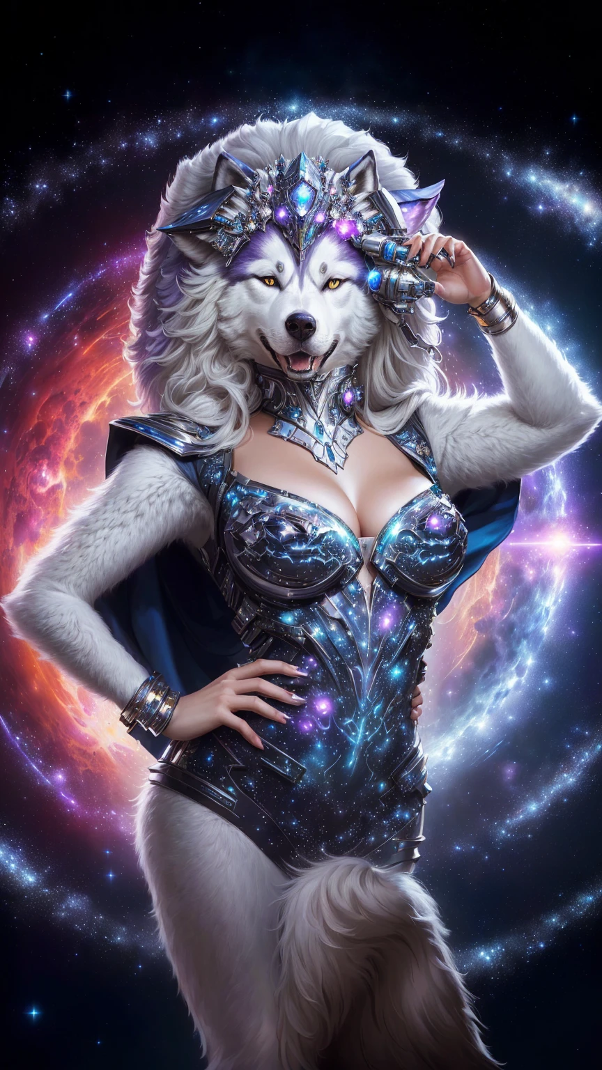 queen of the galaxy, female anthropomorphic wolf, husky in shiny armor, intergalactic princess, cyborg goddess in cosmos, 80s style, Tomasz Alen Kopera, por Derek Zabrocki, furry fantasy art, inspirado em Kelly Freas, inspired by David LaChapelle