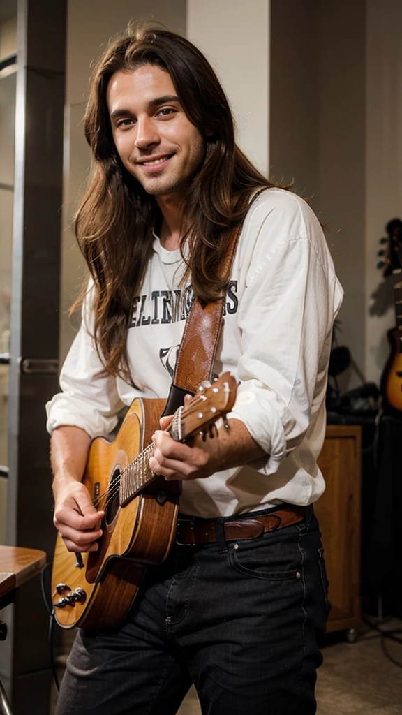 Handsome man with long brown hair playing guitar on the scene, smile