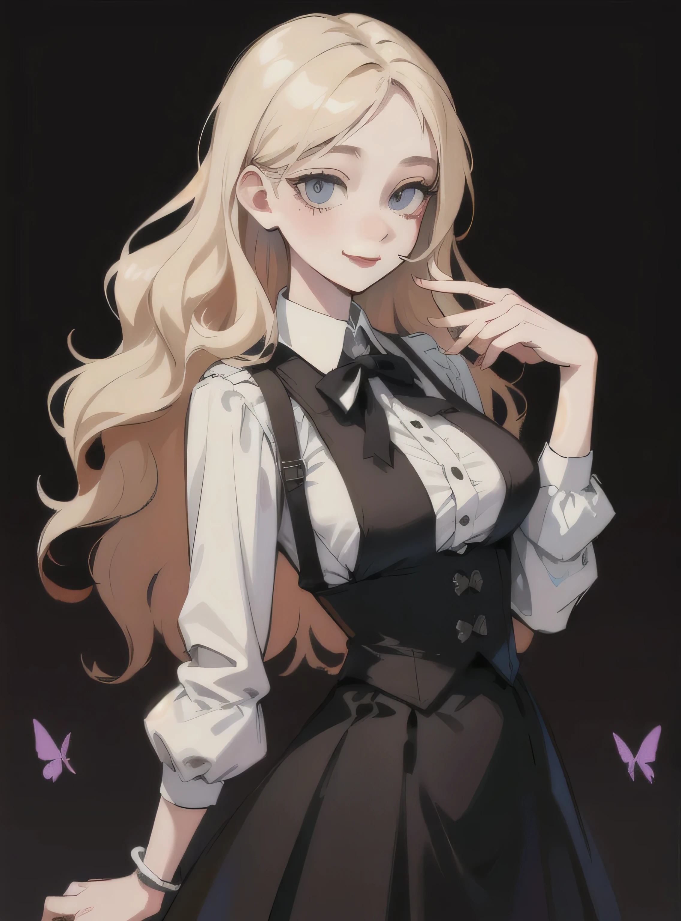 1 Girl,  Purple Eye,  Eye , blond hair,, Long curly hair, best quality, absurdes, Dark theme, (Large Breasts:1.1), Simple background,  Suspender Skirt，Butterfly accessories，Pearl accessories，Smile，Blood stains