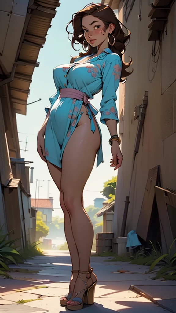 Beautiful thick mulatto woman,  dressed as a nightgown model, voluptuous, (highly detailed face:1.5), large_breast, ample hips, insanely detailed accentuated big booty, ((Full_body))
), greatly feminine proportioned, great aesthetics, ((highly detailed skin1:.2)), freckles, (blemishes:1.0), (((brown hair))), 8k uhd, dslr, soft lighting, highest quality, film grain 