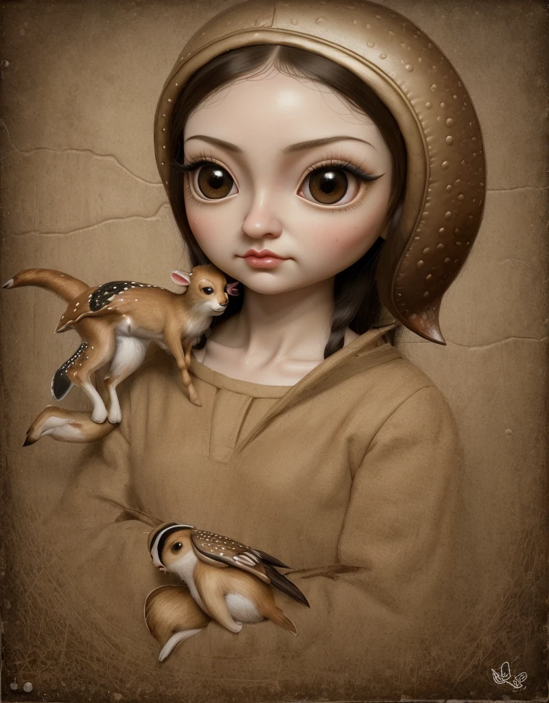 Painting of a girl with deer antlers on her head, Estilo Mark Ryden, Mark Ryden muy detallado, Estilo de Mark Ryden, Naoto Hattori, Surrealismo pop lowbrow, Mark Ryden en el estilo de, benjamin lacombe,  Earley, Surrealismo pop Lowbrow Art Style, Arte lowbrow, por Mark Ryden,  cute and beautiful, wearing cap, more details, amazing, beautiful Monalisa, cute Monalisa, lowbrow, Monalisa with lowbrow face, chibi realistic monalisa, cute