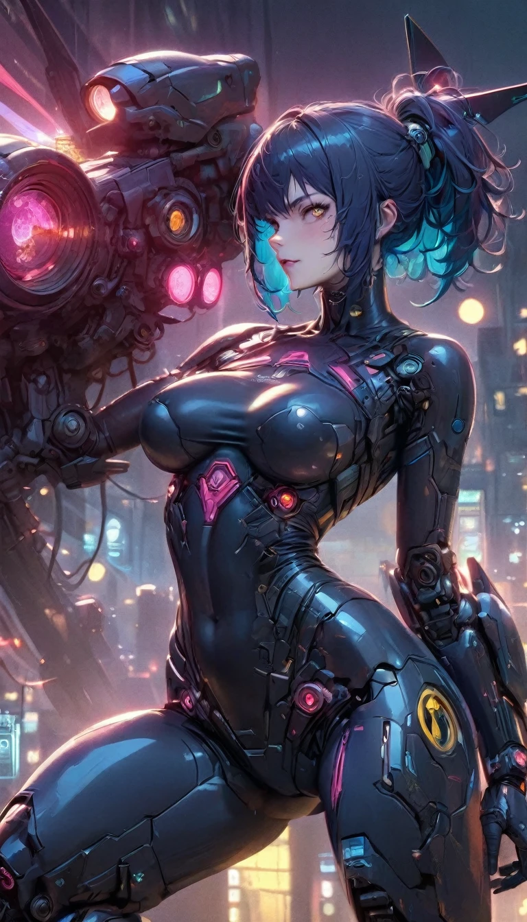 best quality,4k,8k, highres, masterpiece:1.2), extremely detailed eyes, extremely detailed body, (large masterpiece digital art), (detailed manga illustration), (detailed line art), ((perfect anatomy)), (intricate details:1.3), (ultra-detailed:1.3), (illustration:1.3), (sharp focus:1.3), (natural lighting:1.05), (vivid colors:1.3), (masterpiece), (best quality:1.4), (perfect anatomy:1.4), high quality, expressive eyes, full body, tall girl, detailed face, beautiful face, perfect face, breasts, gloves, large breasts, cyberpunk, (black armor), mystic red armor, short hair, ((pale skin)), messy hair, detailed ((dark blue hair)), (honeydew hair), multicolored hair, two-toned hair, detailed eyes, (amber eyes), hourglass physique, mecha musume, fortified suit, mechanical parts, headgear, robot joints, bodysuit, deva battle suit, gloves, thick thighs, toned, emblem, superhero, dynamic lighting, 4k resolution, dynamic pose, weapon, energy weapon portrait, Jeff Bridges, ((cartoon style)), Marvel Cinematic Universe style, (((alien city in the background))), soft bokeh of futuristic city, Atey Ghailan, Jeremy Mann, Greg Manchess, Antonio Moro, trend in ArtStation, trend in CGSociety, Intricate, High Detail, Sharp focus, dramatic and photorealistic painting art by Midjourney and Greg Rutkowski, bokeh in the background