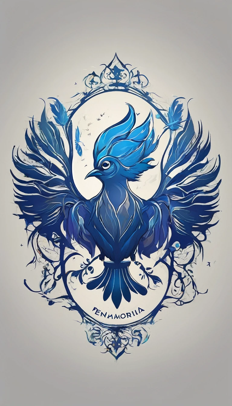 Create a minimalistic, simple, fantastic, easy to understand, logo design of a boy and a feather for an upcoming Fantasy Role Playing Game called " Penamemoria". The game is about a world full of bird and feathers. A boy enters that world and discovers his true artistic identity. Create a logo design that transmits the essence of this videogame. It´s a fantasy game, with fantasy elements. Create the logo in the center and a fantasy theme as background. Use the colours blue, white, yellow in the logo. The logo design must convey a sense of fantasy, dreams and music. Must convey a feeling of being a true Dreamer
