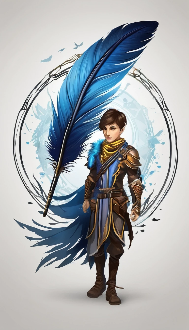 Create a minimalistic, simple, fantastic, easy to understand, logo design of a boy and a feather for an upcoming Fantasy Role Playing Game called " Penamemoria". The game is about a world full of bird and feathers. A boy enters that world and discovers his true artistic identity. Create a logo design that transmits the essence of this videogame. It´s a fantasy game, with fantasy elements. Create the logo in the center and a fantasy theme as background. Use the colours blue, white, yellow in the logo. The logo design must convey a sense of fantasy, dreams and music. Must convey a feeling of being a true Dreamer