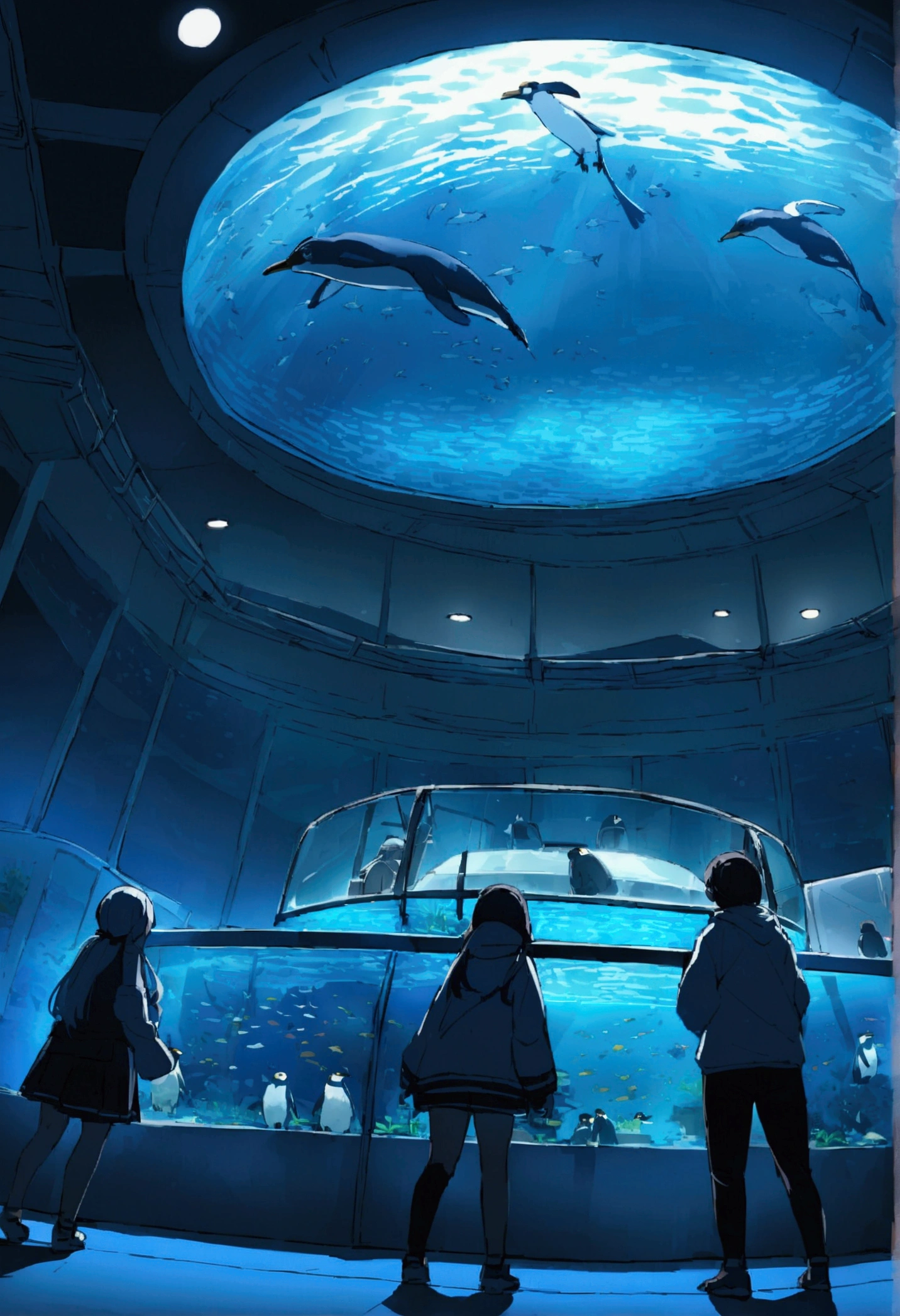 aquarium、Huge aquarium、Large single glass aquarium、Dimly lit interior、Quiet atmosphere、View angle from behind、Huge aquarium、Penguin tank、Very large aquarium、Penguins swim like they're flying、The tank is filled with water、