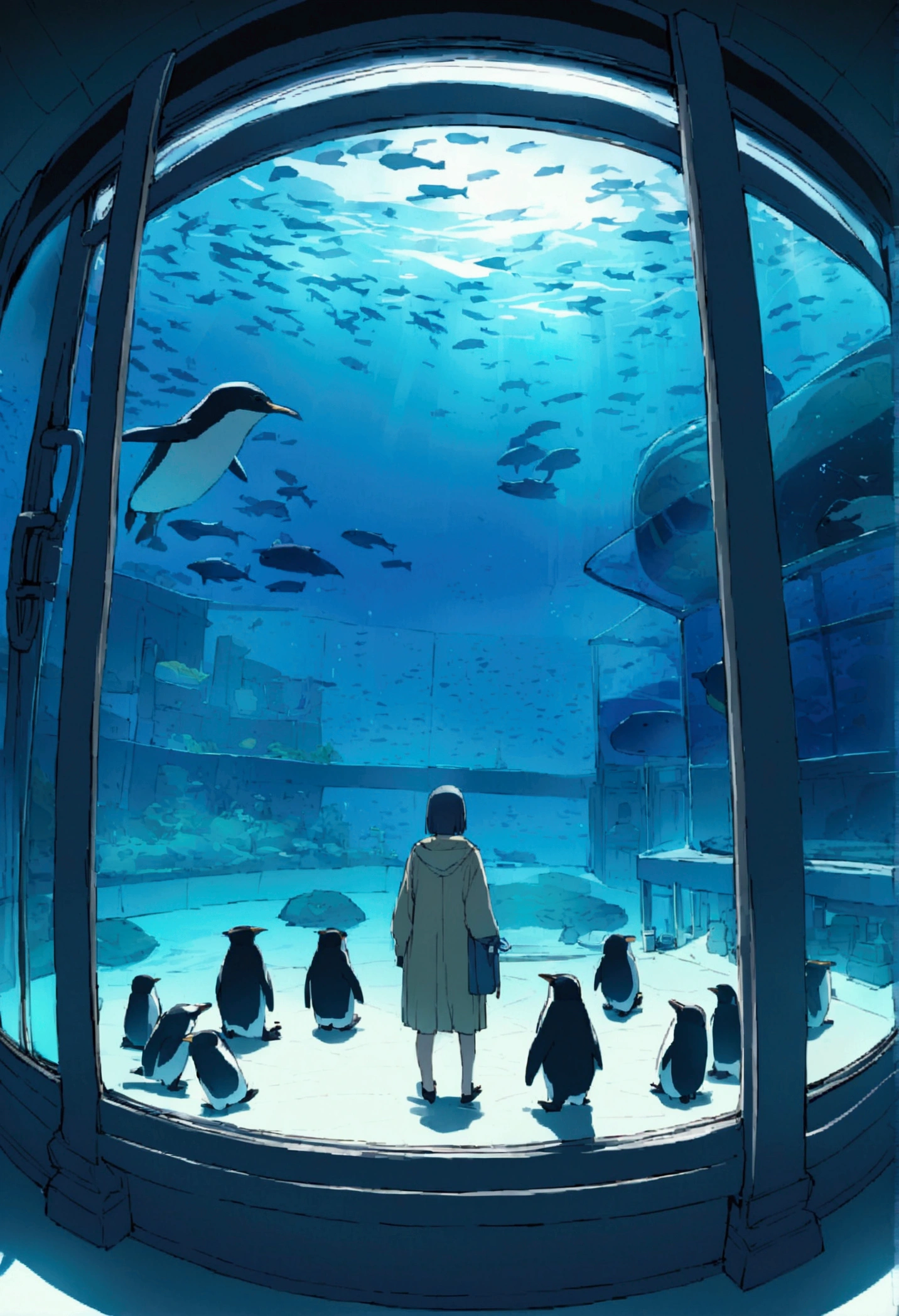 aquarium、Huge aquarium、Large single glass aquarium、Dimly lit interior、Quiet atmosphere、View angle from behind、Huge aquarium、Penguin tank、Very large aquarium、Penguins swim like they&#39;re flying、The tank is filled with water、
