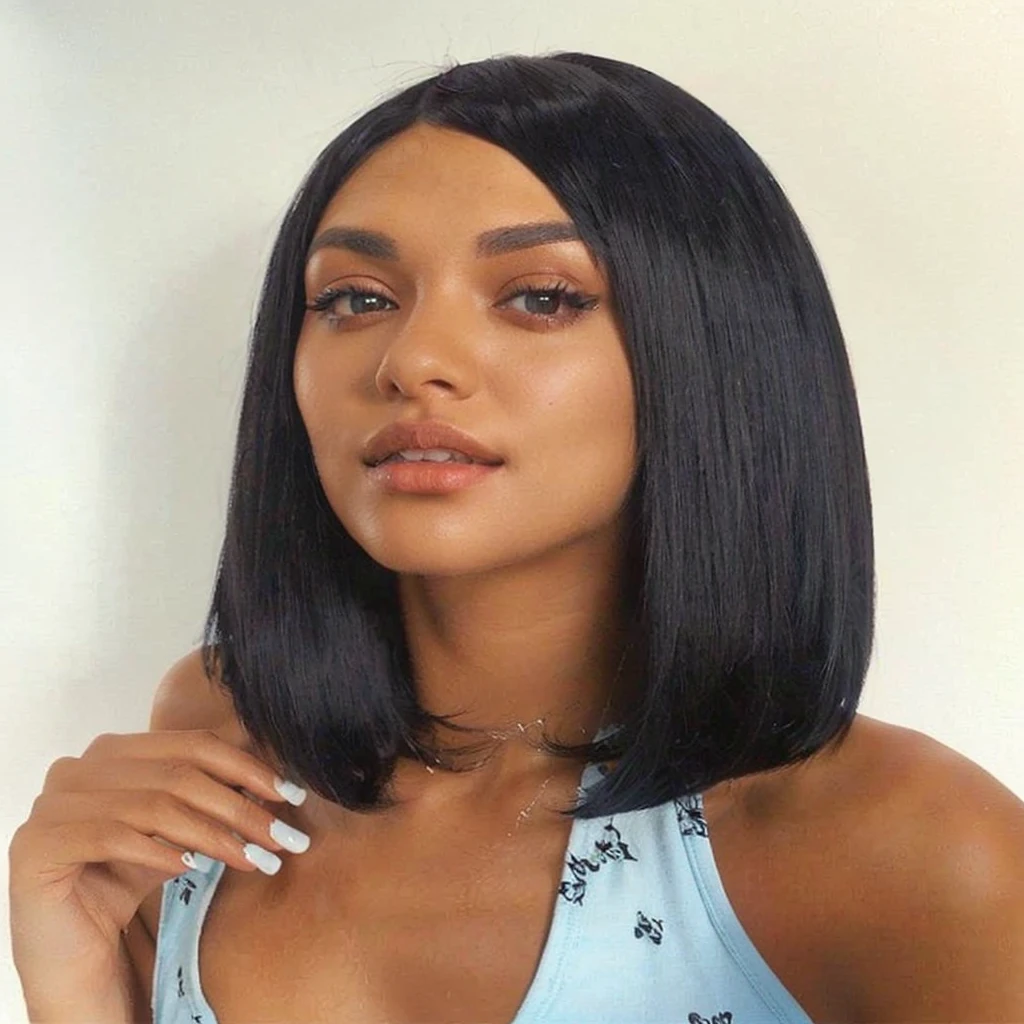 a woman with a black bobble wearing a blue top, black bob hair, black bob cut hair, black bob haircut, straight hairstyle, shoulder length black hair, short straight hair, shoulder-length black hair, with straight black hair, short black hair with gel, bob cut hair, long bob cut, parted hair, redahair and attractive features