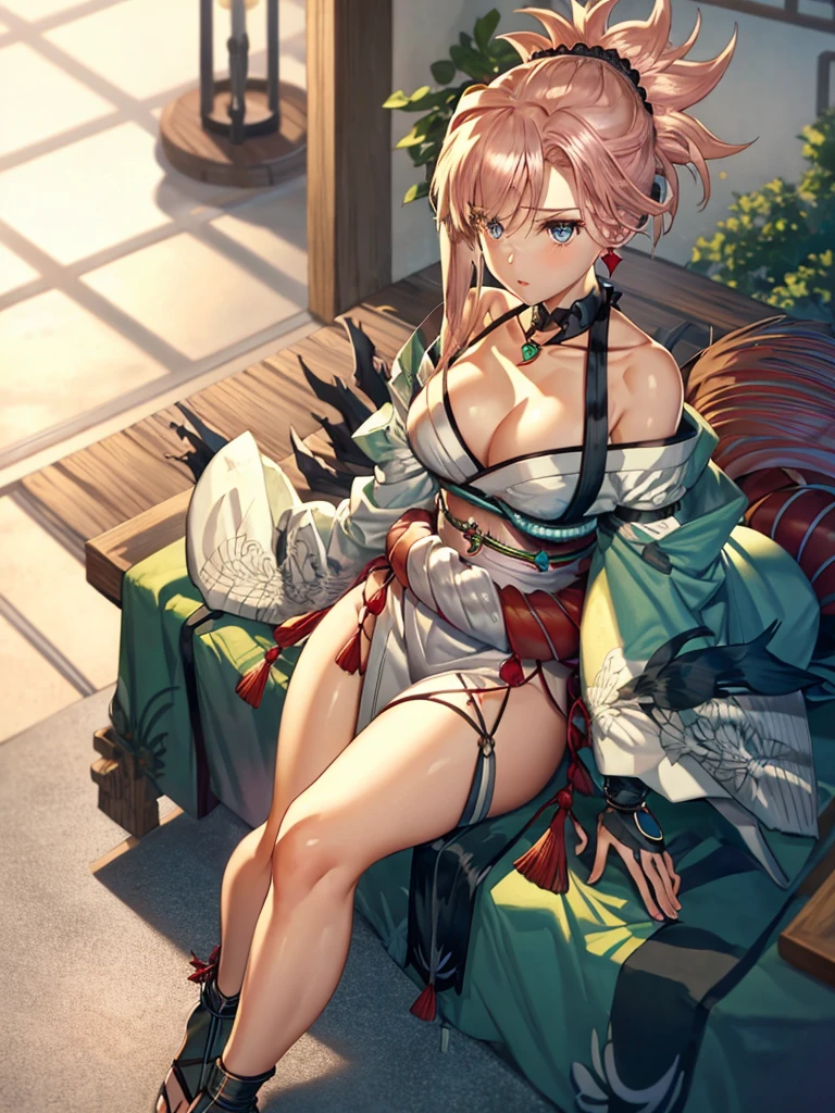 (Highly detailed CG), (Highest quality), Perfect Face, Glowing Skin, Shiny skin,Wide Hips,A girl with a small waist,solo  MusashiBerserker,necklace, Swept-apart bangs, white kimono, sheath,Exposing shoulders, things,Blonde,Wide sleeves, 勾玉necklace, Black thighs,Obi sleeves,hair ornaments, Long Hair, sash, Asymmetrical Hair, Pink Hair,kimono, Earrings,jewelry, Cleavage, blue eyes, ponytail,kimono,Sandals, indoor, Sitting ,