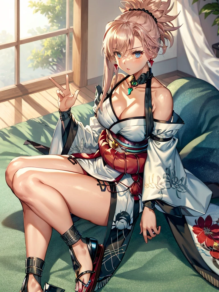 fox girl,3tail,fox ear on head,white hair,slender leg,oiran,kimono,big breasts,have one's shoulders exposed,blush,futon,sit,spread leg,A man is rubbing her breasts from behind.