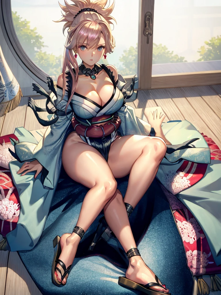 (Highly detailed CG), (Highest quality), Perfect Face, Glowing Skin, Shiny skin,Wide Hips,A girl with a small waist,solo  MusashiBerserker,necklace, Swept-apart bangs, white kimono, sheath,Exposing shoulders, things,Blonde,Wide sleeves, 勾玉necklace, Black thighs,Obi sleeves,hair ornaments, Long Hair, sash, Asymmetrical Hair, Pink Hair,kimono, Earrings,jewelry, Cleavage, blue eyes, ponytail,kimono,Sandals, indoor, Sitting ,