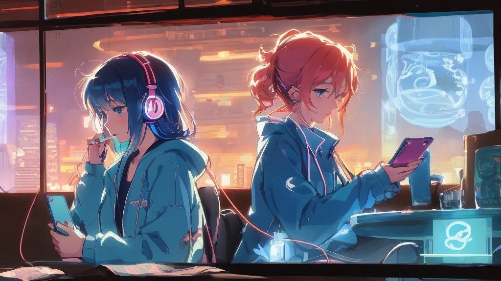 Anime-style illustration, a woman wearing headphones and using her phone, a beautiful night cityscape visible through the window, detailed depiction, vibrant colors with a warm atmosphere, seamless composition
