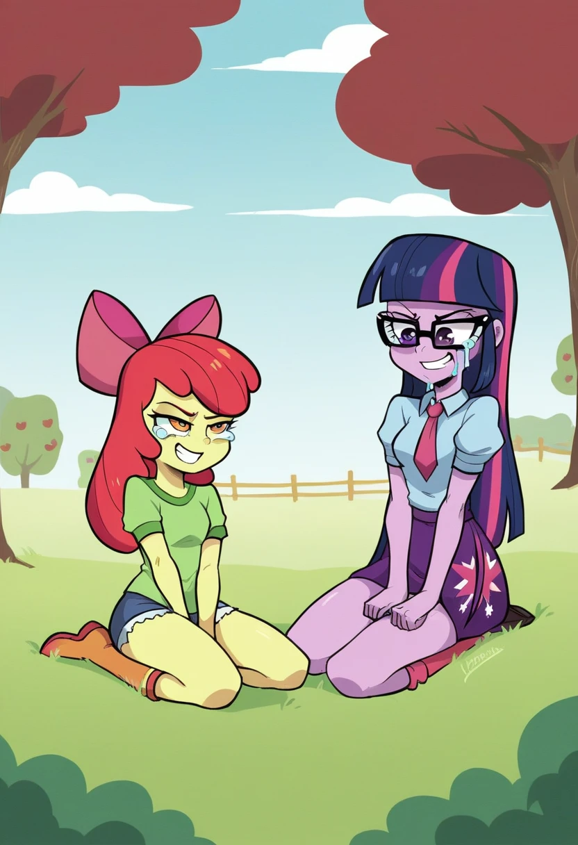 ((High Quality)) ((Perfect Autonomy)) Masterpiece, Twilight Sparkle And Apple Bloom, 2 girls Only, Twilight Sparkle is wearing black glasses and also has a ponytail while she's naked and facesitting on Apple Bloom, Twilight Sparkle with an evil smug grin, Apple Bloom is Crying while laying under Twilight Sparkle and forced to suck on Twilight Sparkle's wet pussy juice, (((Twilight Sparkle Sitting On Apple Bloom's Face 100% Confirmed))) (((Apple Bloom Under Twilight Sparkle's Pussy 100% Confirmed))) (((Twilight Sparkle Evil Smug Grin 100% Confirmed))) (((Apple Bloom Crying 100% Confirmed))) Twilight Sparkle and Apple Bloom Equestria Girls, in the park, Twilight Sparkle and Apple Bloom, cuerpo completo, high resolusion