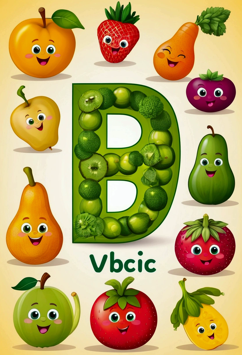 "Create an educational image for children that combines a letter of the alphabet with a fruit or vegetable character, incorporating bright colors and a friendly, anthropomorphic design. Include both the English letter and its Arabic script equivalent, and ensure the image is simple and engaging for young learners."