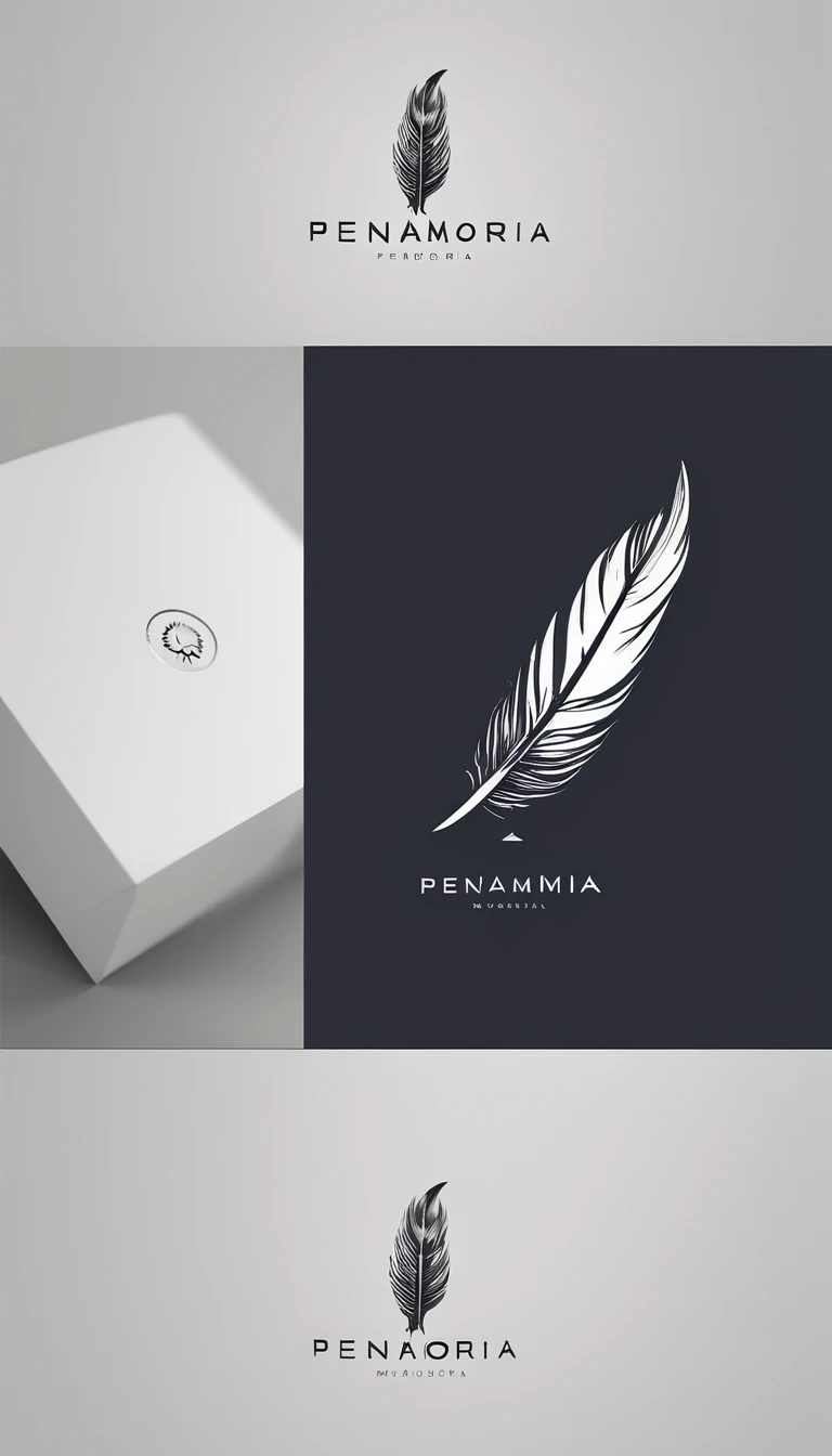 A minimal, modern, simple, cinematic logo design for the brand “Penamemoria". Create a modern, minimalistic, high-quality, logo of a feather with memories. The logo must be a symbol for dreams, stories, memories, music and imagination.