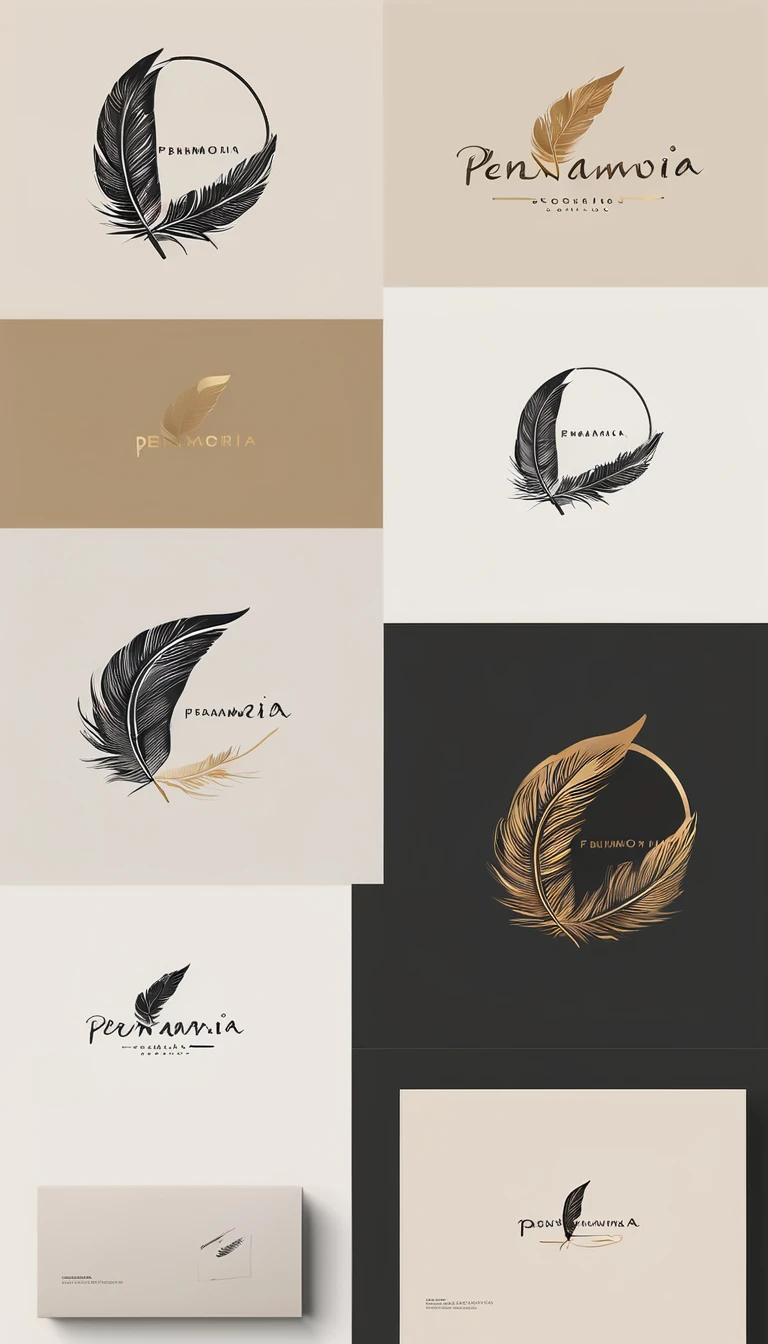 A minimal, modern, simple, cinematic logo design for the brand “Penamemoria". Create a modern, minimalistic, high-quality, logo of a feather with memories. The logo must be a symbol for dreams, stories, memories, music and imagination.