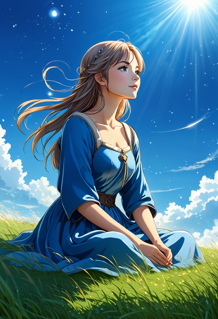 anime-style illustration, The image shows a young woman sitting on the grass watching clear blue sky, fantasy world medieval, The lighting is ethereal.