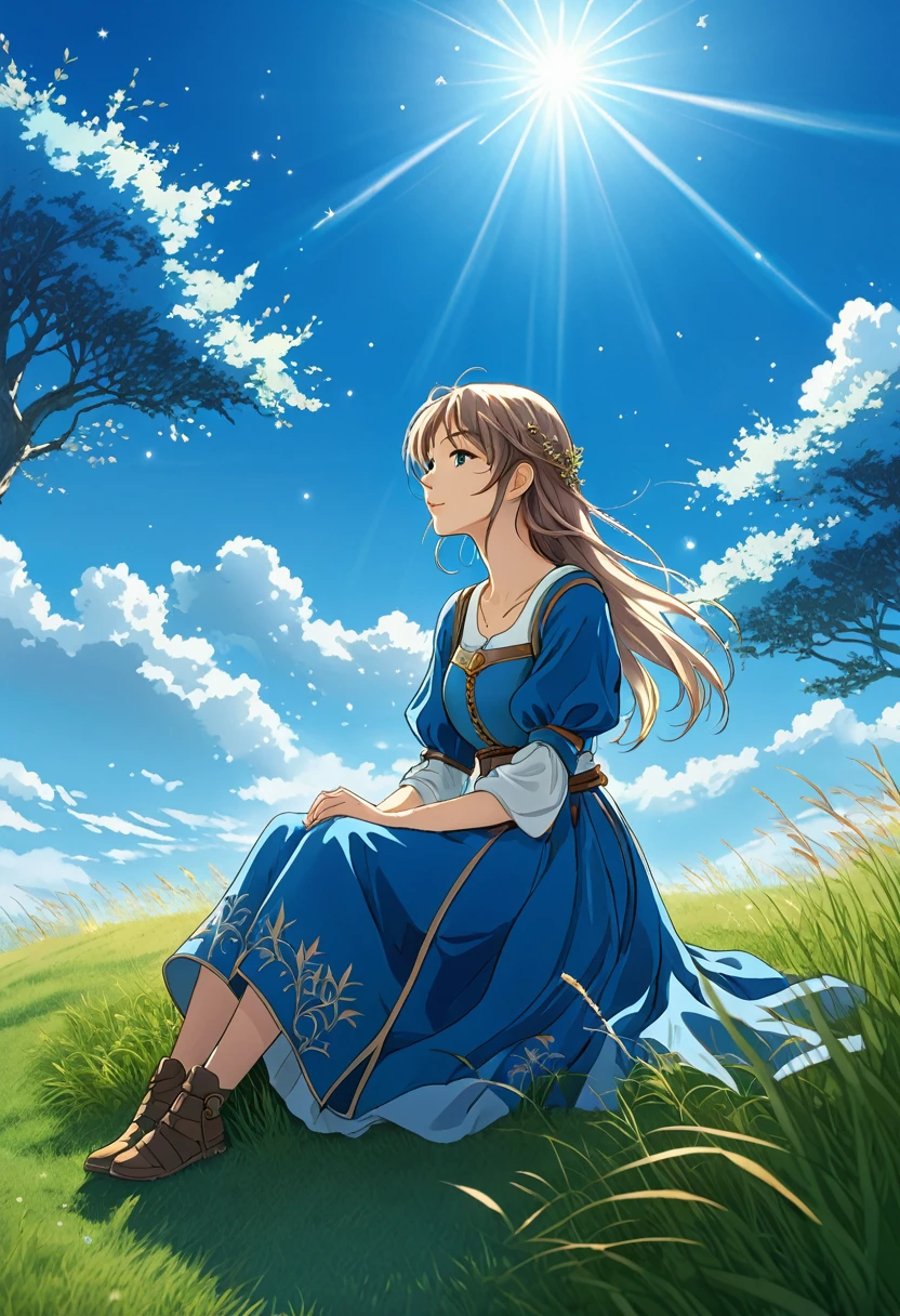 anime-style illustration, The image shows a young woman sitting on the grass watching  clear blue sky, fantasy world medieval, The lighting is ethereal.