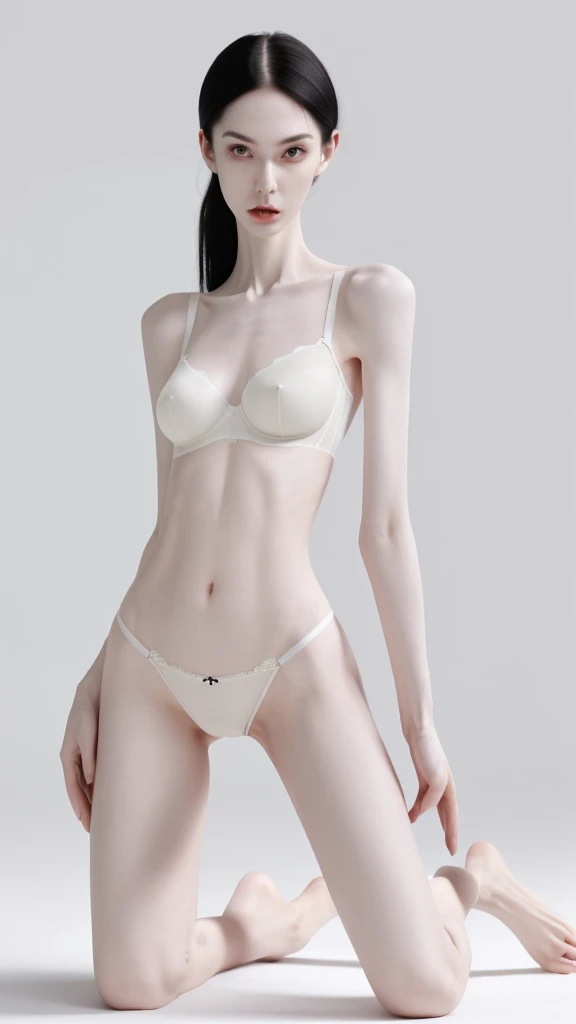 a very thin woman with visible bones, pale white skin, sweaty body,wearing panties and bra, full body view, tatto
